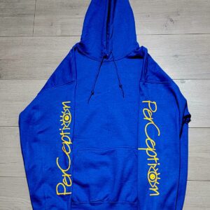 A blue hoodie with yellow writing on it.