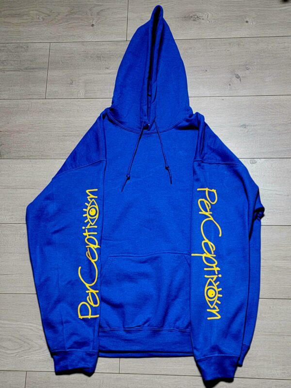 A blue hoodie with yellow writing on it.