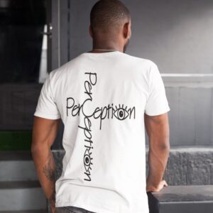 A man wearing a white shirt with the word " perception " on it.