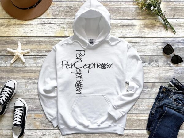 A white hoodie with the word perception written on it.