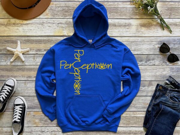 A blue hoodie with the word perception written on it.