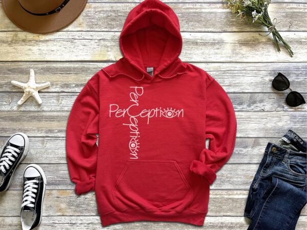 A red hoodie with the word " perception " written on it.