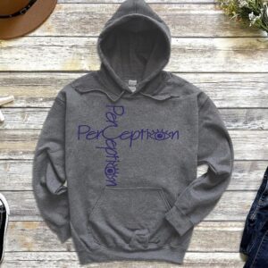 A gray hoodie with the word perception written on it.